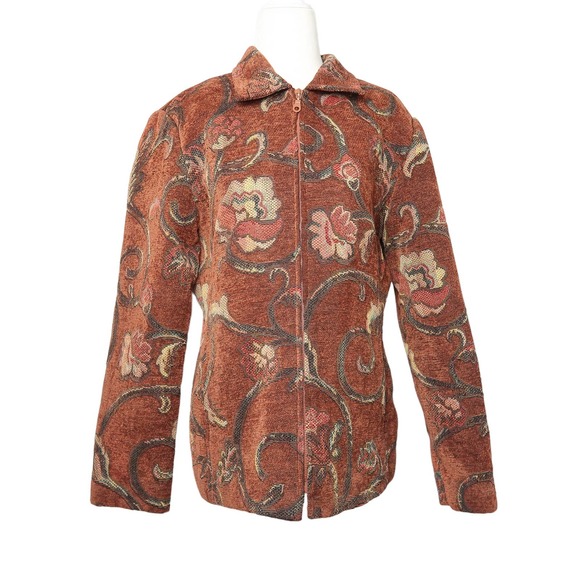 Dress Barn rust brown and cream floral woven tapestry zip front jacket 12 - Picture 1 of 6